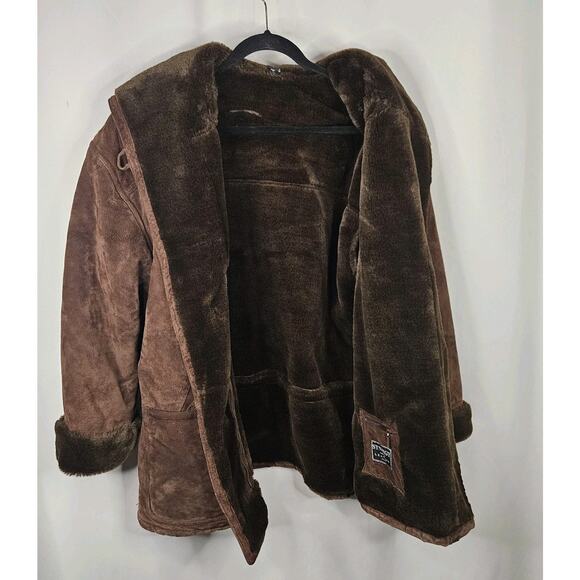 Vintage Synergy Oversized Leather Faux Shearling Coat Large Chocolate Brown - Picture 7 of 13